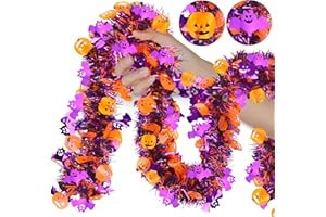 HIPYGYM Halloween Party Decor 33 FT Halloween Tinsel Garland with Orange Pumpkin Purple Bat Ornaments, Metallic Streamers Halloween Garland Decorations for Home Classroom Window Door Table Indoor Outdoor