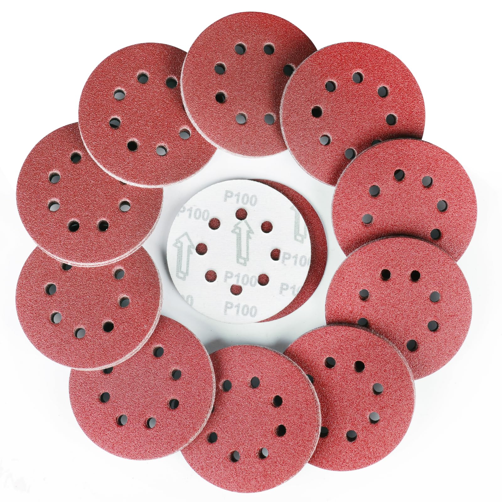 Sruhrak 100 Pcs Sanding Discs, 125mm Sanding Pads Set Hook and Loop 100 Grits Sandpaper for Random Orbital Sander