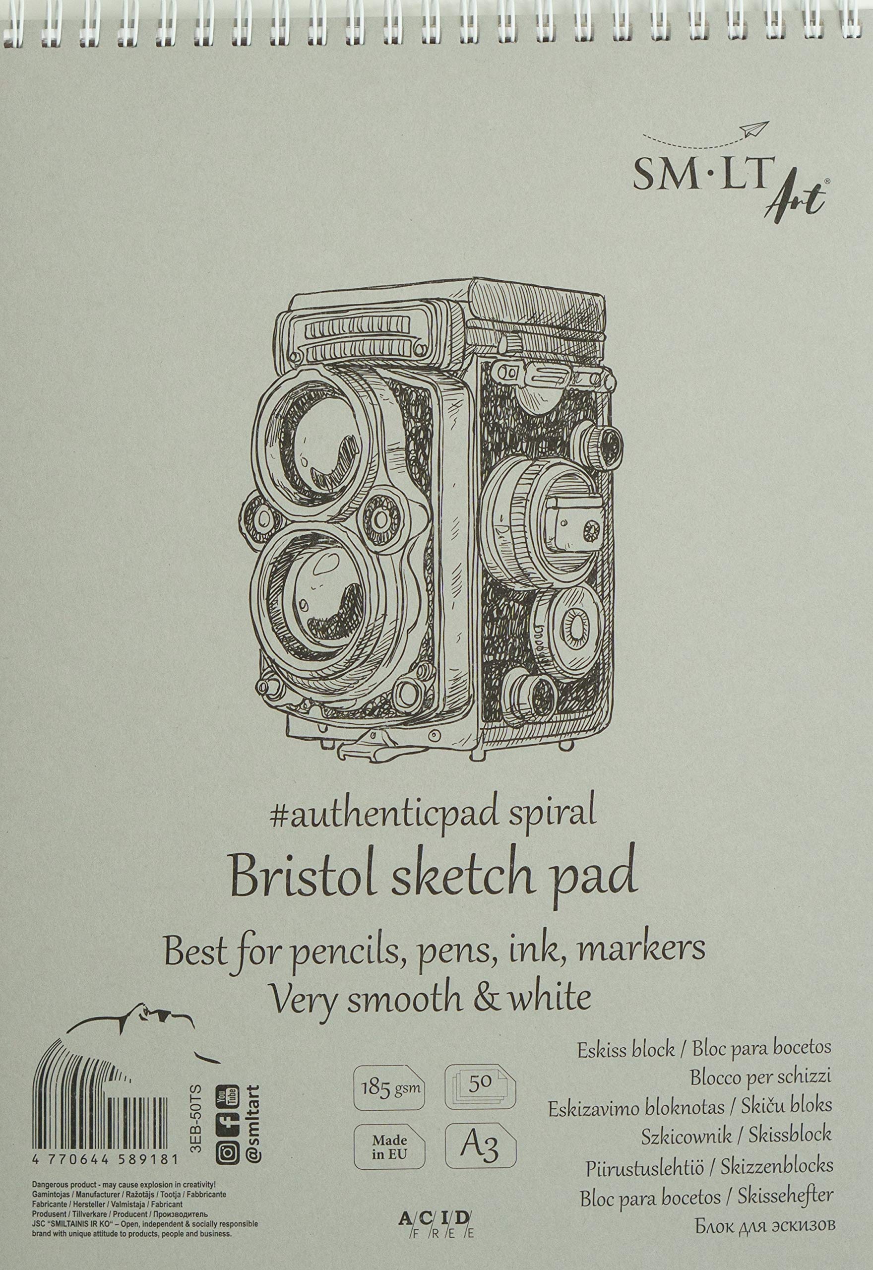 SMLT 3EB-50TS Authentic Line A3 Sketchpad, Extra White and Smooth Bristol Paper, 185 GSM, 50 Sheets, with Perforation, Recycled Cover and Double Spiral