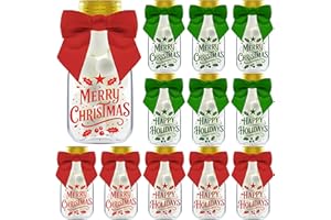 Ethisa 12 Pack Christmas Candy Jars with Ribbons and Stickers - DIY Party Favor Containers for Holiday Parties, Classroom, Stocking Stuffers, and Table Decorations