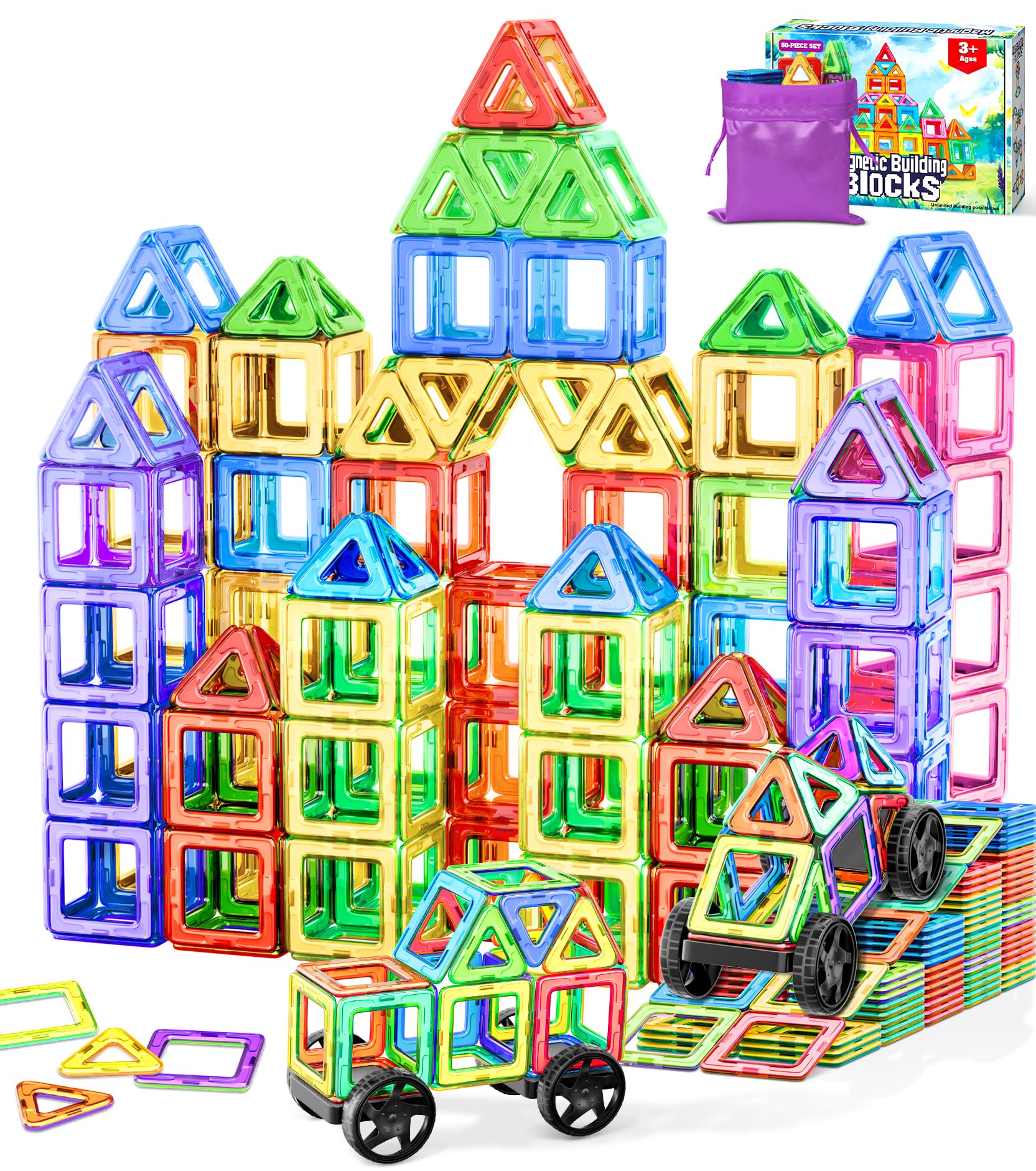 Magnetic Tiles for Kids, Magnetic Building Blocks Toys for 3 4 5 6 Year Old Girls Boys, Magnetic Tiles, Montessori Toddler Toys, 3D Building Construction STEM Toys, 50pcs Magnets, Kids Easter Gifts