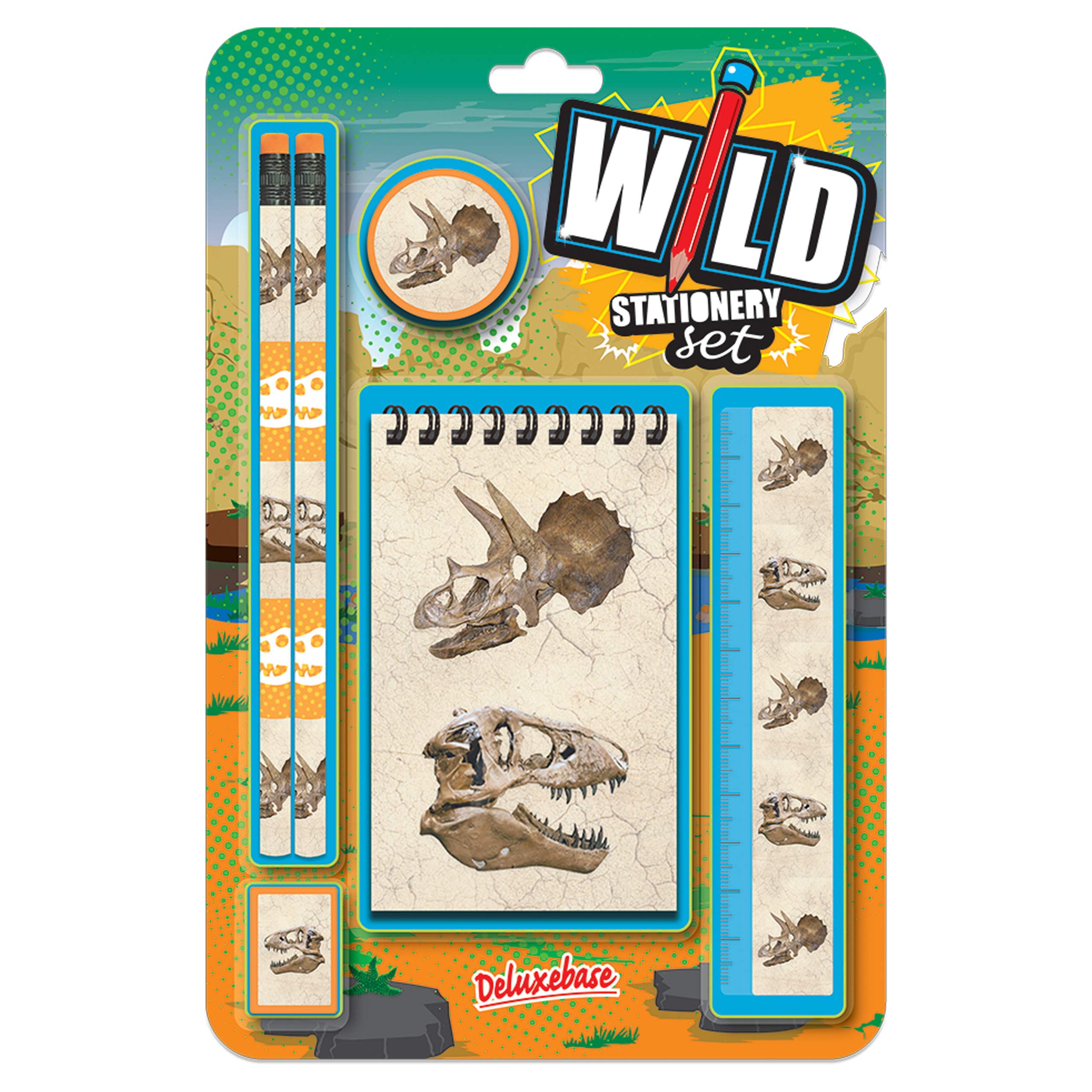 Deluxebase Wild Stationery Set โ Dinosaur, 6 Piece School Supplies Set including Notebook, 2 Pencils, Ruler, Pencil Eraser and Sharpener, Fun Animal Stationery Gifts for Kids and Students. โ image 1