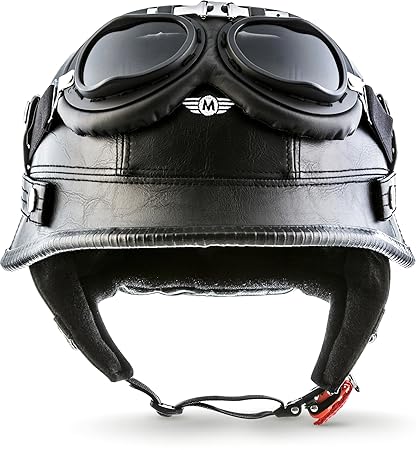Moto Helmets® D33-Set „Leather Black“ · Brain-Cap · Halbschale Jet-Helm Motorrad-Helm Roller-Helm Scooter-Helm Bobber Mofa-He
