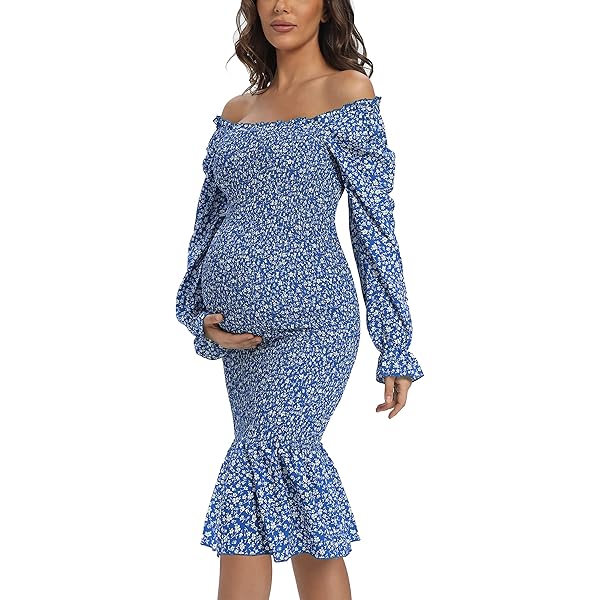 Maternity Fall Floral Midi Bodycon Dresses, Long Puff Sleeve Square Neck Ruffle Hem Mermaid Baby Shower Dress Blue L at Amazon Women's Clothing store Maternity Fall Floral Midi Bodycon Dresses, Long Puff Sleeve Square Neck Ruffle Hem Mermaid Baby Shower Dress Blue L at Amazon Women's Clothing store
