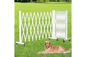 THEYFIRST Retractable Outdoor Dog Gate, 207'' Wide Driveway Gate Expandable Portable Fence, Two-Segment 0-180 Degrees Rotatable Design Yard Garden Fence, Metal Safety Barrier Gates (White, 41.34 * 216.54)