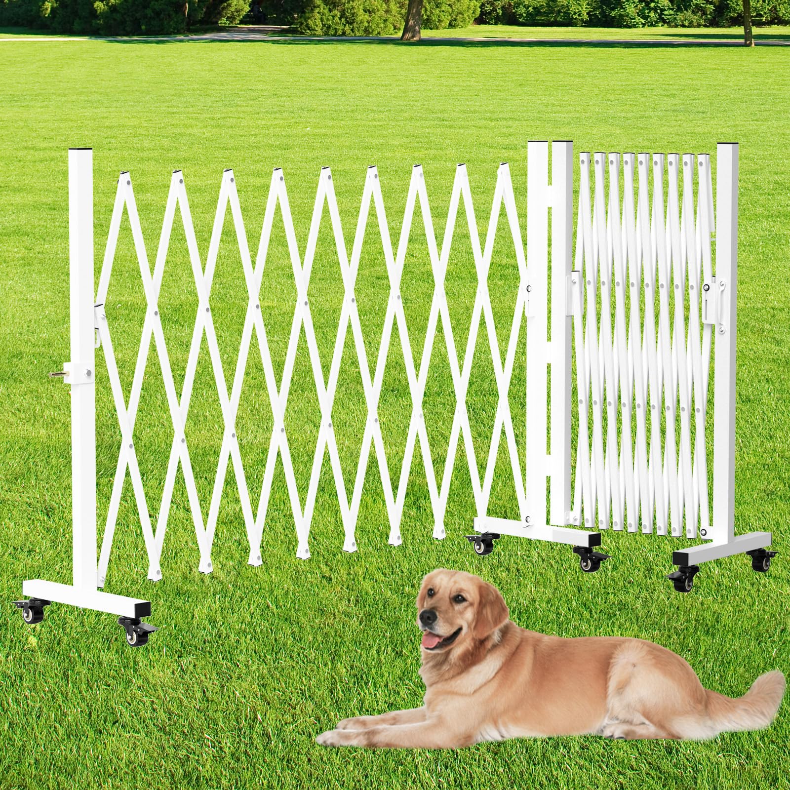 Photo 1 of Retractable Outdoor Dog Gate, 207'' Wide Driveway Gate Expandable Portable Fence, Two-Segment 0-180 Degrees Rotatable Design Yard Garden Fence, Metal Safety Barrier Gates (White, 41.34 * 216.54)