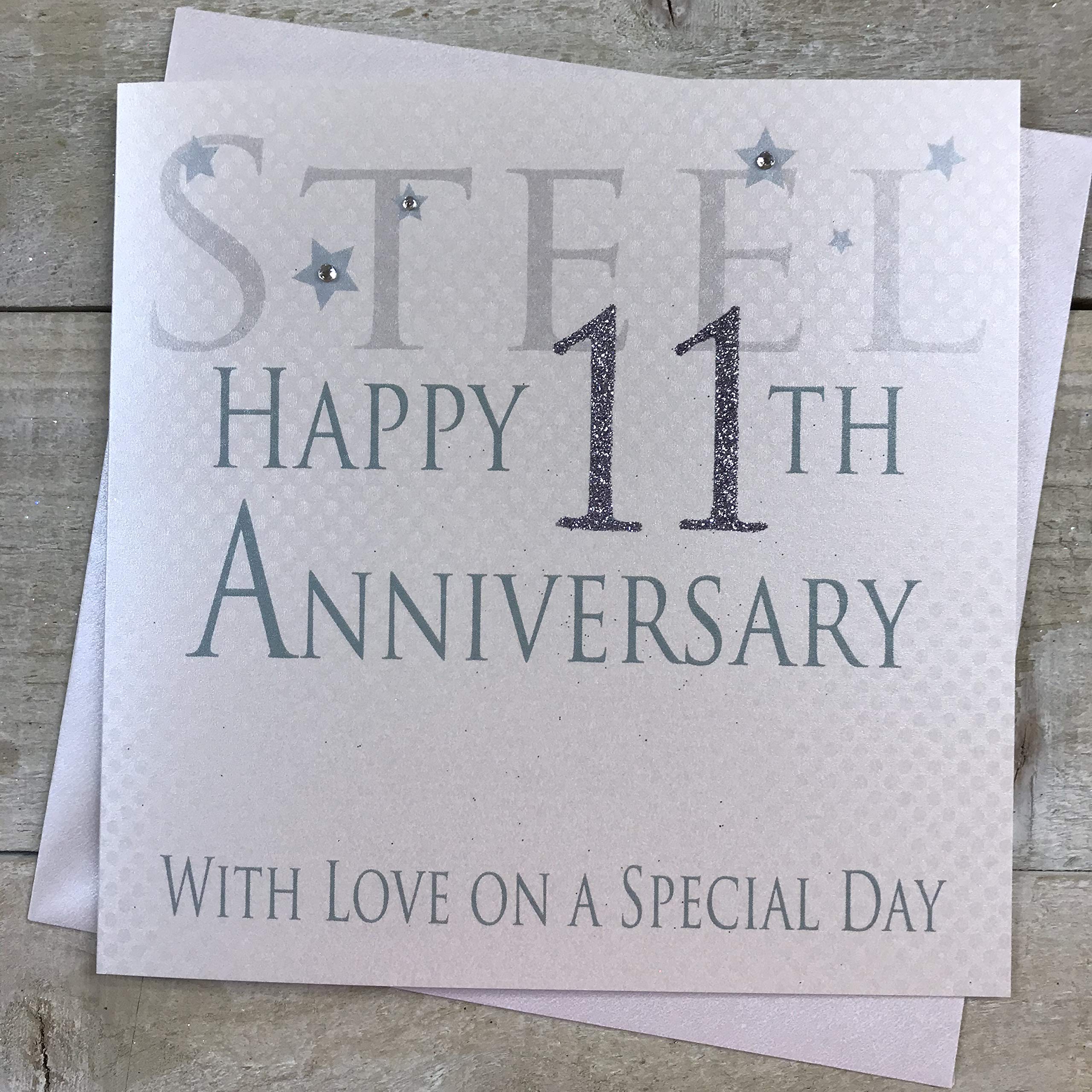 white cotton cards Steel Happy 11th Love On A Special Day, Handmade Anniversary Card (Code AW11)