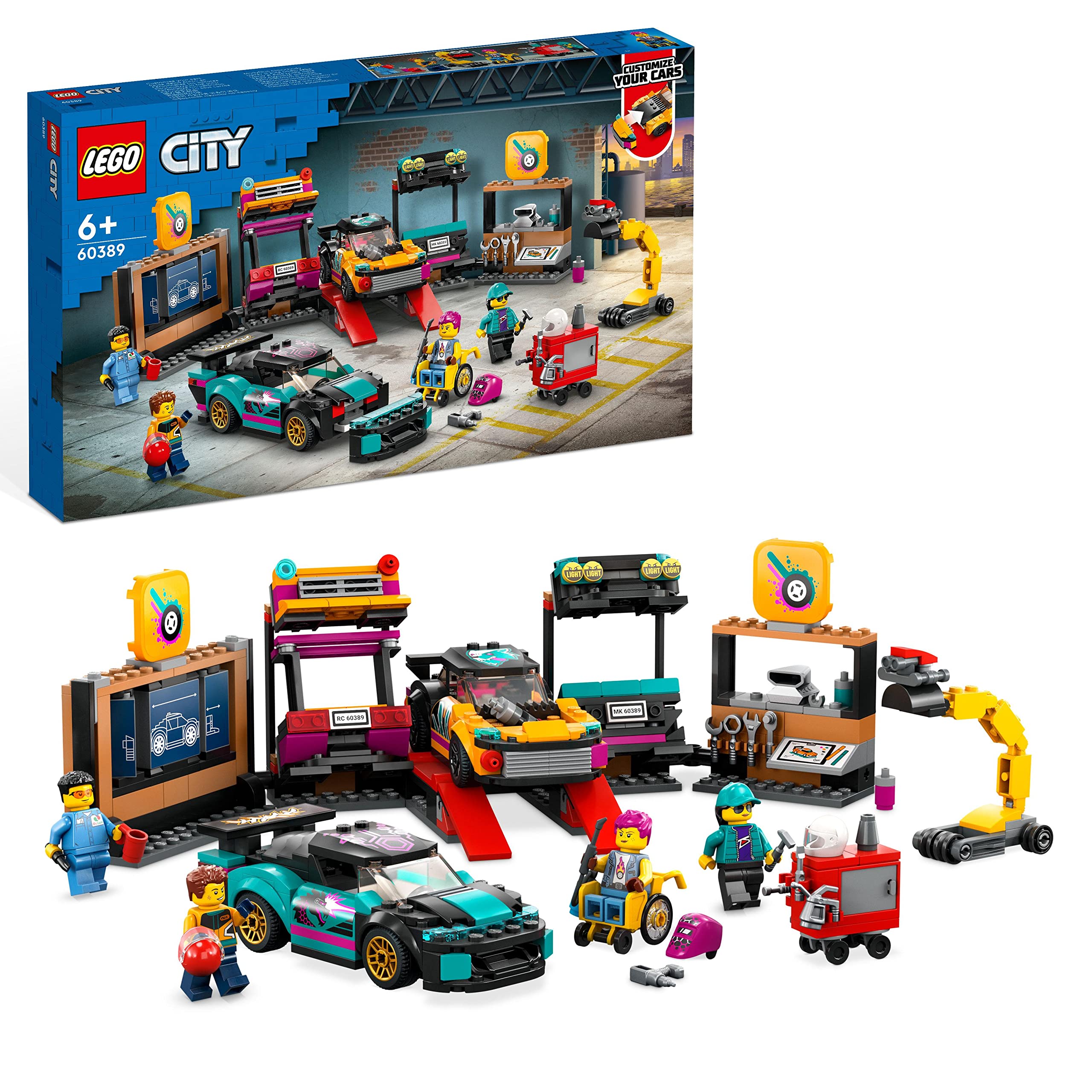LEGO City Custom Car Garage Toy Set with 2 Customisable Cars, Mechanic Workshop and 4 Minifigures, Birthday Gift Idea for Boys and Girls Aged 6 Plus Years Old 60389
