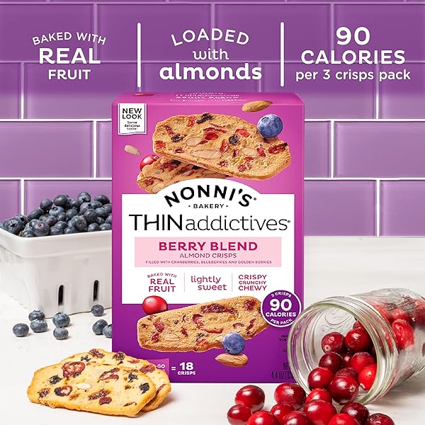NONNI’S THINADDICTIVES ALMOND THIN COOKIES – BERRY BLEND ALMOND COOKIES – ALMOND COOKIE THINS W/CRANBERRIES BLUEBERRIES GOLDENBERRIES RAISINS SUNFLOWER SEEDS – KOSHER – 4.4 OZ