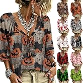 Halloween Shirts for Women 3/4 Sleeve Lace Up Spooky Season Peasant Blouse | Funny Gothic Print, V Neck, Mom Halloween Shirt, Retro Renaissance Top, Hippie Boho Tops, Going Out Sexy, Graphic Y2k Tees