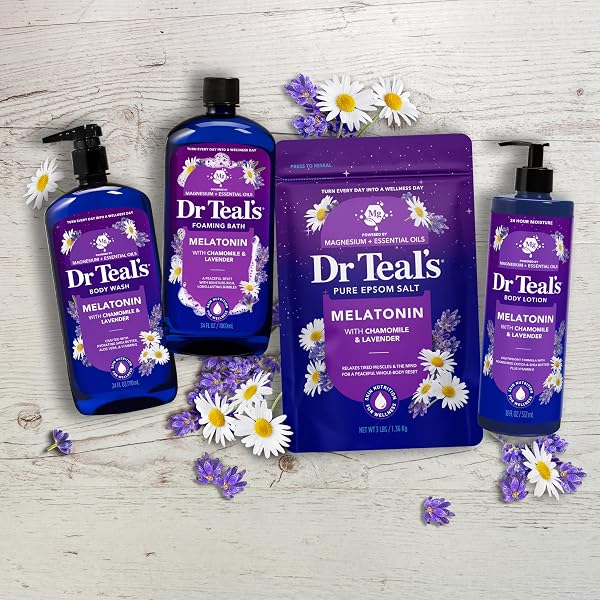 DR TEAL’S PURE EPSOM SALT, MELATONIN SLEEP SOAK WITH ESSENTIAL OIL BLEND, 3 LB (PACK OF 4)