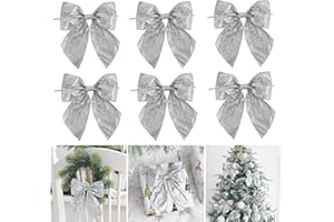 AIMUDI Silver Glitter Wired Ribbon Bows with Twist Tie 5.5" Premade Metallic Christmas Bows for Gift Wrapping, Wreath, Garland, Holiday Crafts Party Home Outdoor Christmas Tree Decorations, 12 PCs