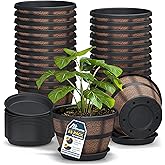 10-Inch Whiskey Barrel Planters Outdoor Pack of 25 - Durable Plastic Plant Pots for Indoor & Outdoor Use with Drainage & Saucer, Lightweight Rustic Barrel Planters for Flowers, Herbs & Small Plants