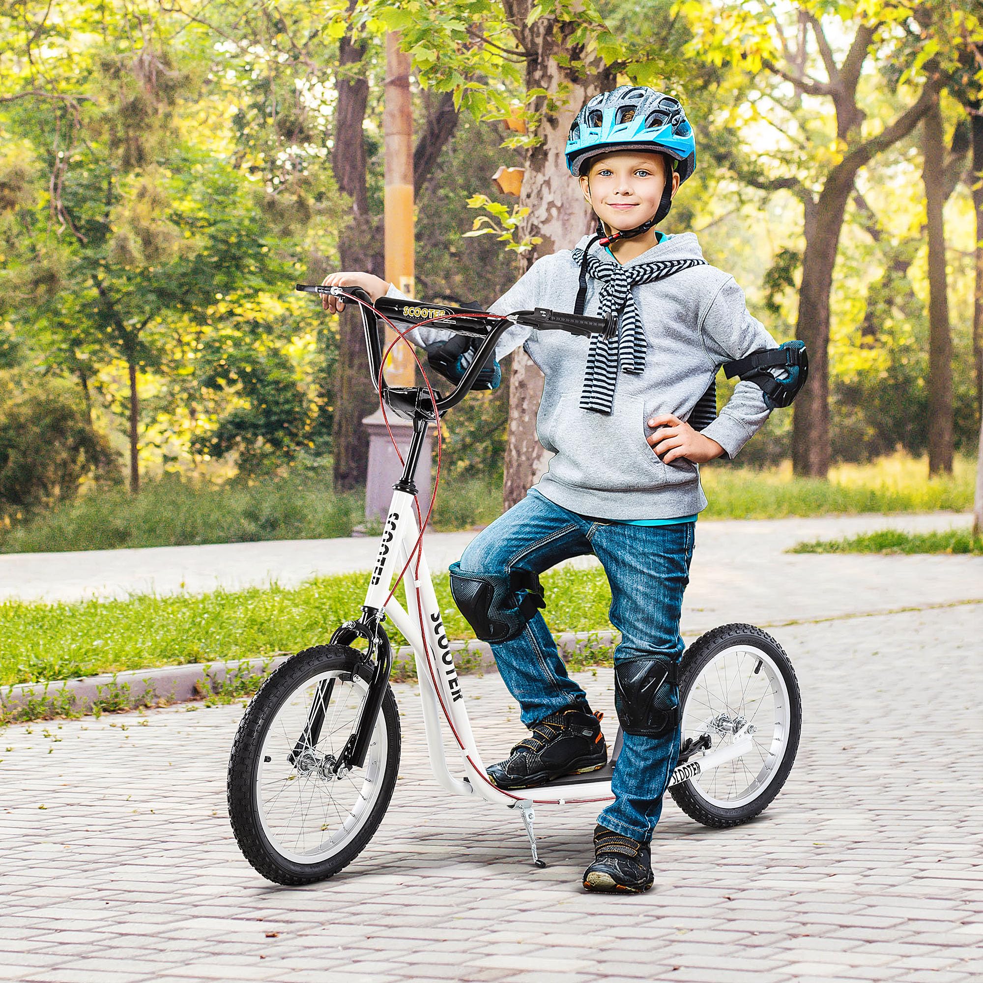 HOMCOM Scooter für Kinder Kinderroller Tretroller mit verstellbarem Lenker, großen Rädern und Handbremse Kickscooter 16 Zoll Cityroller für Jungen und Mädchen ab 5 Jahre Metall Weiß 2