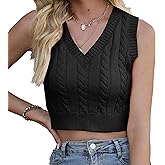 CHDBLOCK Clothing Women's V-Neck Knit Sweater Vest Solid Color Sleeveless Crop Knit Vest Sweaters (Black, Small)