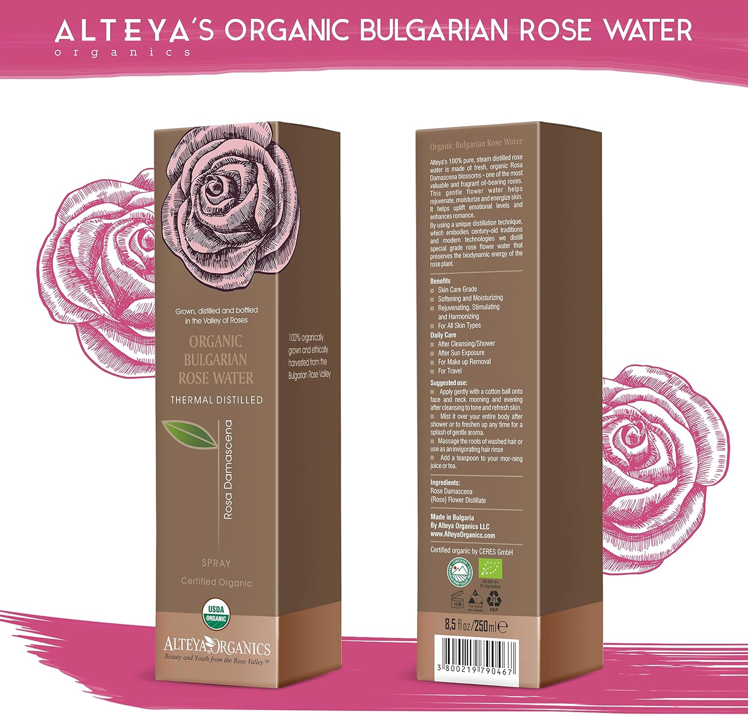 Alteya Organic Rose Water Spray 250ml, Pure Organic Rosa Damascena Hydrolat, No additives, No Artificial Ingredients - Image 3