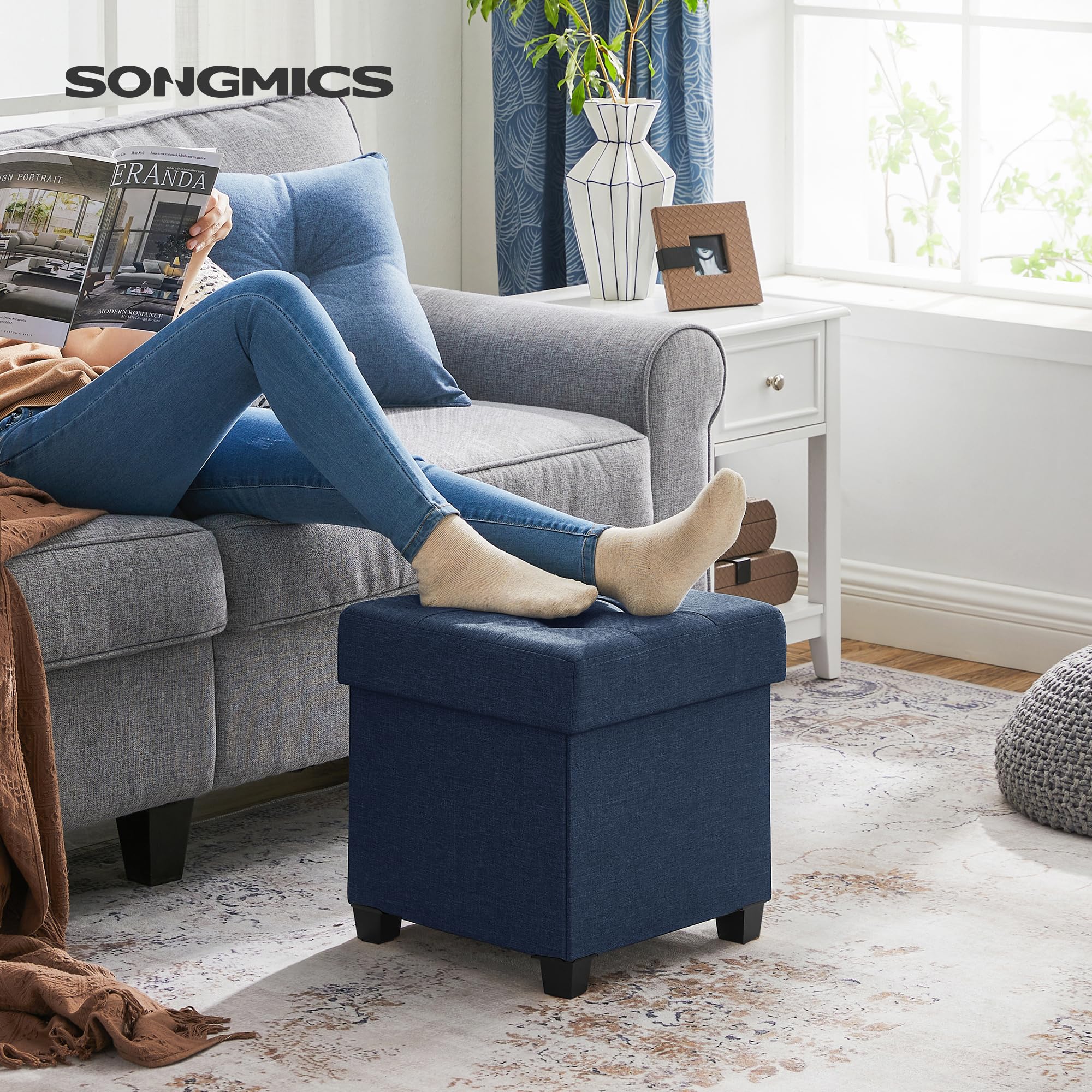 SONGMICS Storage Ottoman, Small Ottoman Foot Rest with Legs, 15 x 15 x 15.7 Inches Foot Stool, Ottoman with Storage, Load up to 660 lb, for Living Room, Bedroom, Dorm, Midnight Blue ULSF14IN