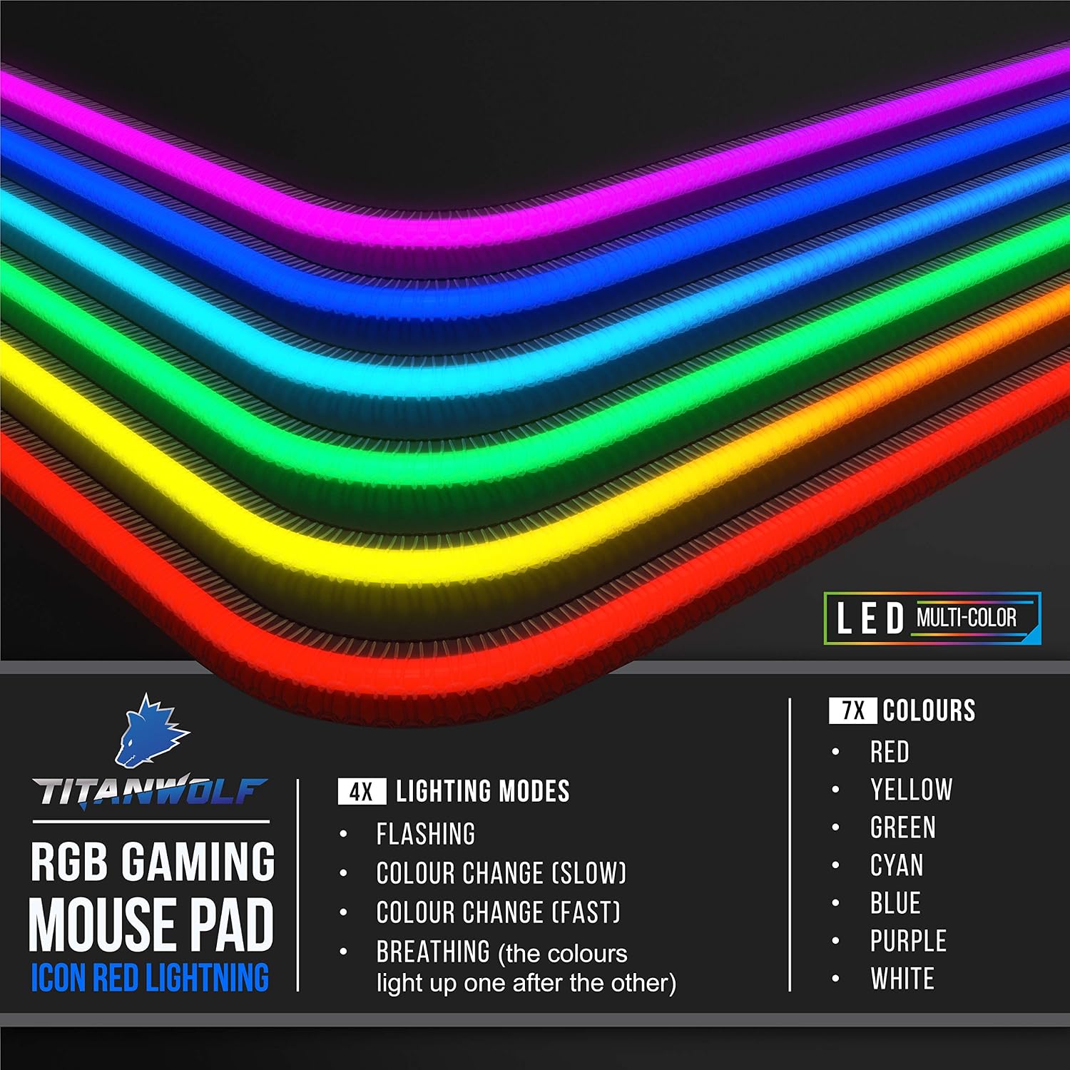 TITANWOLF, RGB Gaming Mouse Mat, 800x300 mm, XXL Extended Large LED Mouse Pad, 7 Multi Colour and 4 Effect Modes - Image 5