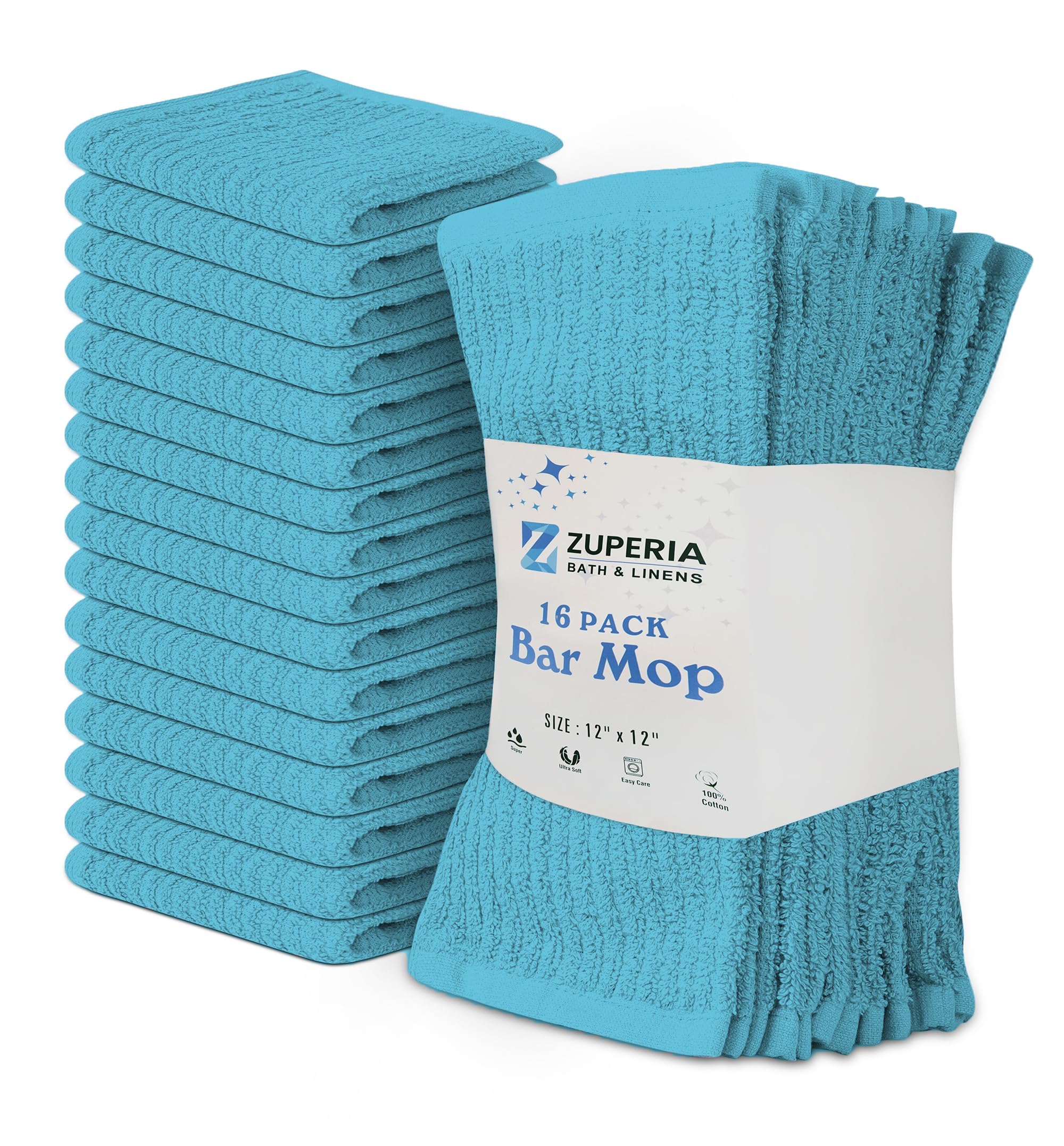 Photo 1 of ZUPERIA Premium Bar Mop 16 Pack (12" x 12" Inches) - 100% Cotton Cleaning Towels Made with Ribbed Design for Quick and Easy Cleanups - Everyday Kitchen and Dish Towels (Aqua)