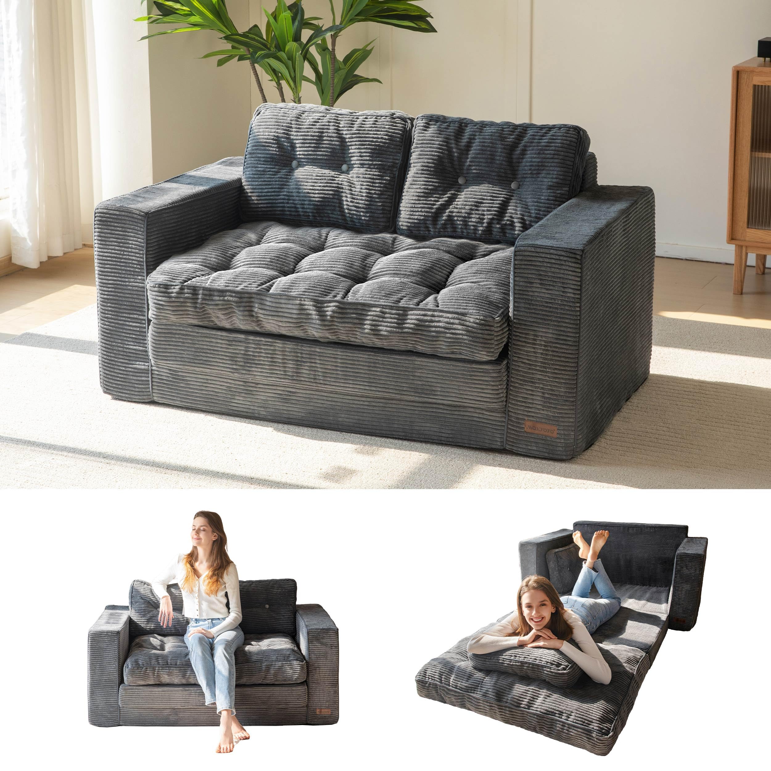 Photo 1 of MAXYOYO Convertible Sofa Bed, Pull Out Loveseat Sleeper Sofa, 2 in 1 Folding Couch Bed, Fold Out Floor Couch with Pillows for Living Room Bedroom Lounge, Dark Grey