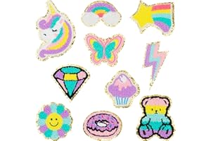 X1ZUUE 10Pcs Colorful Chenille Iron on Patches, Kids Iron on Knee Patches Cute Unicorn Butterfly Bear Embroidered Patches Sew on Embroidered Applique DIY Accessory for Backpack Clothes Dress Pants Hats Jeans