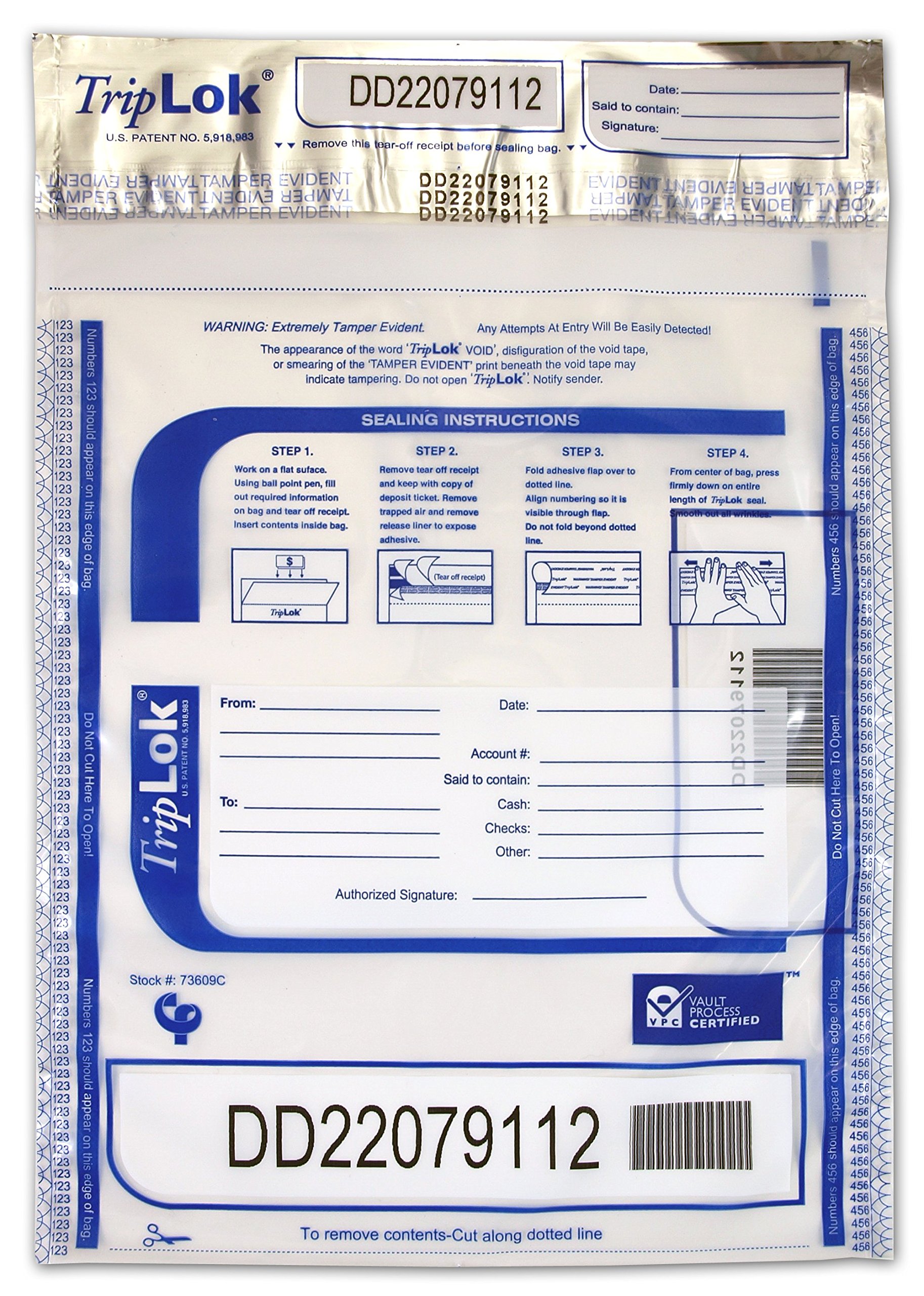 ControlTek TripLok 9 X 12, White, 100 Bags, Tamper-Evident Deposit Bags For Cash Handling & Valuables, Moisture, Heat And Cold Sensitive Ink, Tear-off Receipt + Large Barcodes 585032