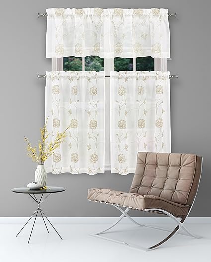 HOME MAISON - Trixy Floral Kitchen Window Curtain Tier & Valance Set, 2 28 x 36 1 56 x 15, Beige & Taupe