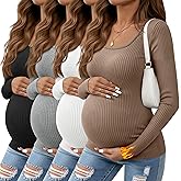 Oakgarden 4 Pack Womens Maternity Thermal Shirts Fleece Lined Slim Fit Ribbed Knit Pregnancy Top Scoop Neck Long Sleeve Shirt