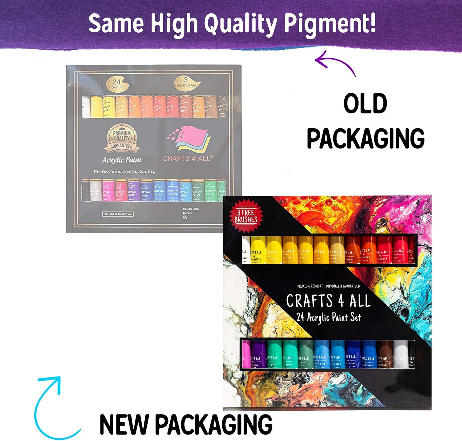 Acrylic Paint Set 24 Colors by Crafts 4 ALL Perfect for Canvas, Wood, Ceramic, Fabric. Non Toxic & Vibrant Colors. Rich Pigments Lasting Quality for Beginners, Students & Professional Artist