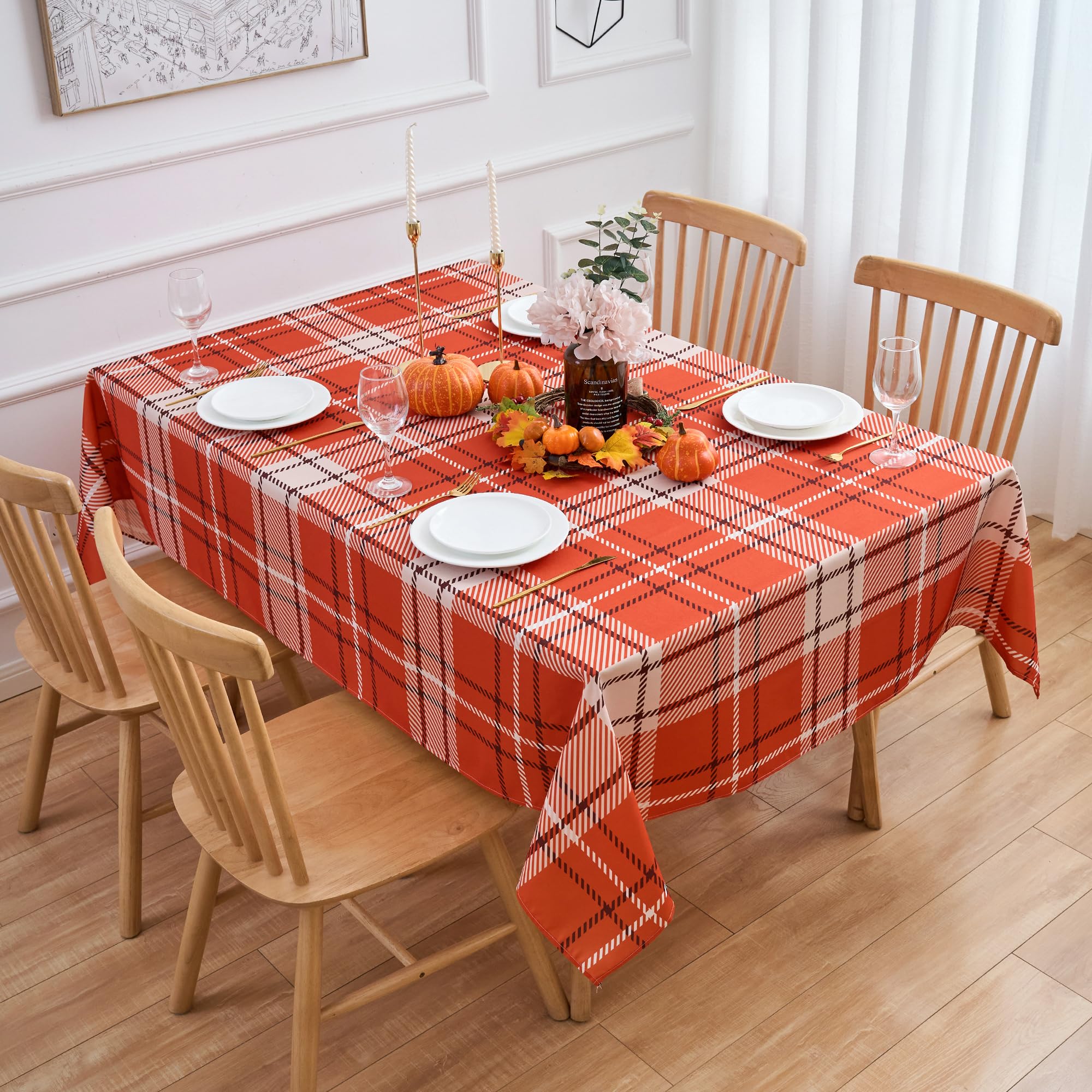 Photo 1 of VEDACHIC Rectangle Table Thanksgiving Orange Fall Plaid Tablecloth - 52"x 70" Oblong Autumn Harvest Buffalo Plaid Polyester Table Cover Reusable Water Resistant for Holiday Party Picnic