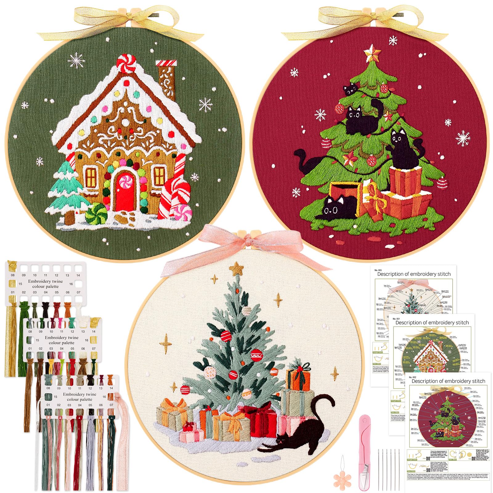 JSRQT Christmas Embroidery Kits for Adults Beginners, Christmas Cross Stitch Kits, 3 Pack DIY Needlepoint Supplies, Handmade Sewing Craft, Embroidery Starter with Patterns, Full Range of Stamped
