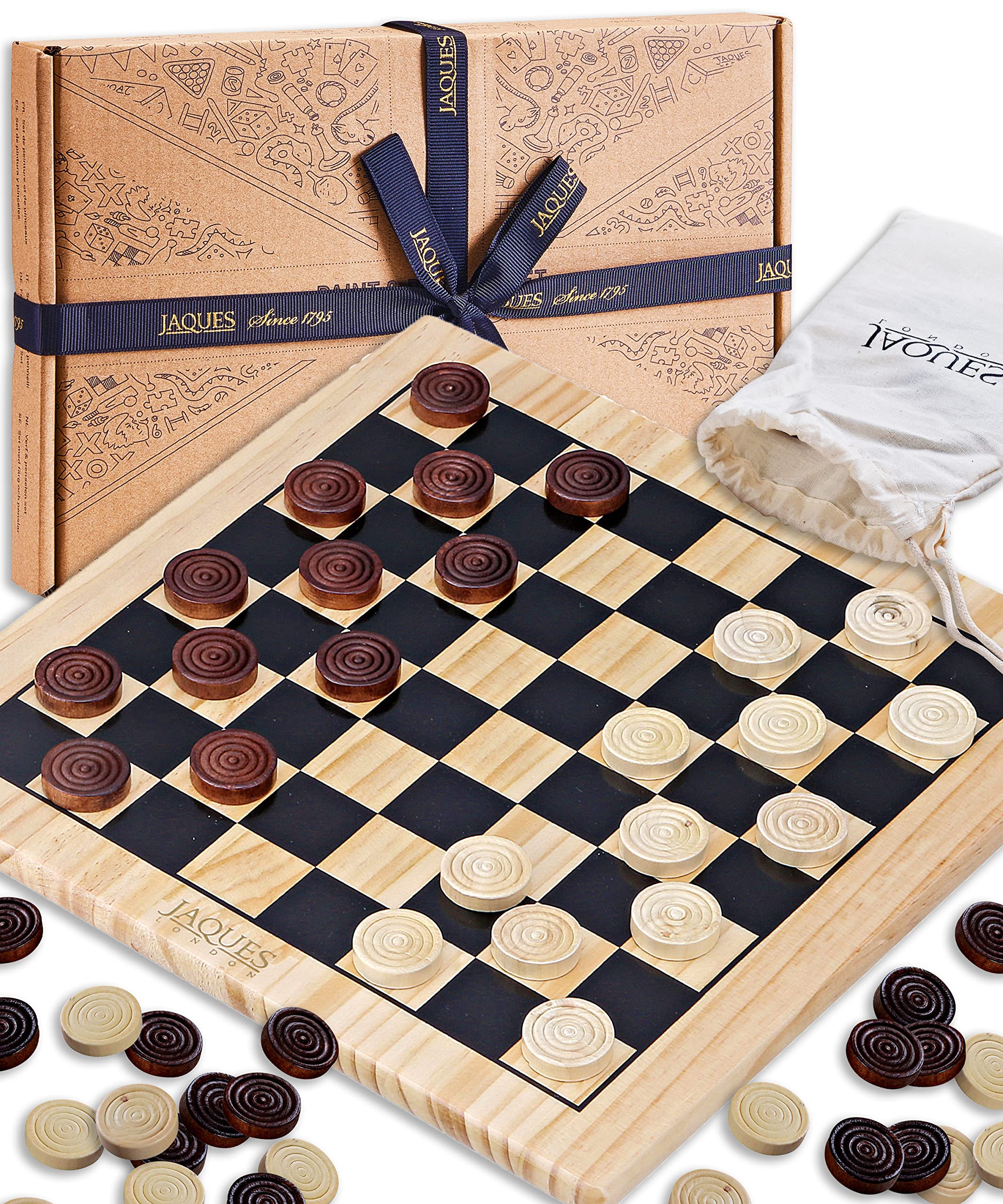 Jaques of London Draughts Board Game | Traditional 12 “ Wooden Draughts Board with Deluxe Checkers Pieces | Wooden Board Games for Adults and Kids | Since 1795