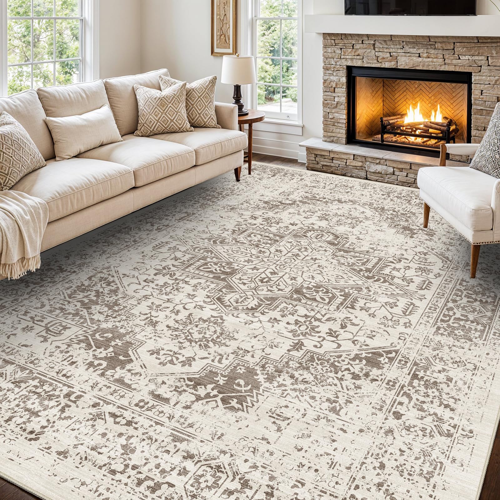 Photo 1 of 12x15 Area Rug for Living Room - Large Soft Washable Rug Easy Clean Low Pile Non Slip Rugs with Rubber Backing Lightweight Vintage Carpet for Bedroom Dining Table Home Office Decor (Light Brown,12x15)