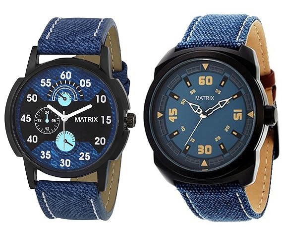 Matrix Blue Dial & Blue Leather Strap Analog Watch for Men/Boys- Combo (Pack of 2) (PR-150-151)