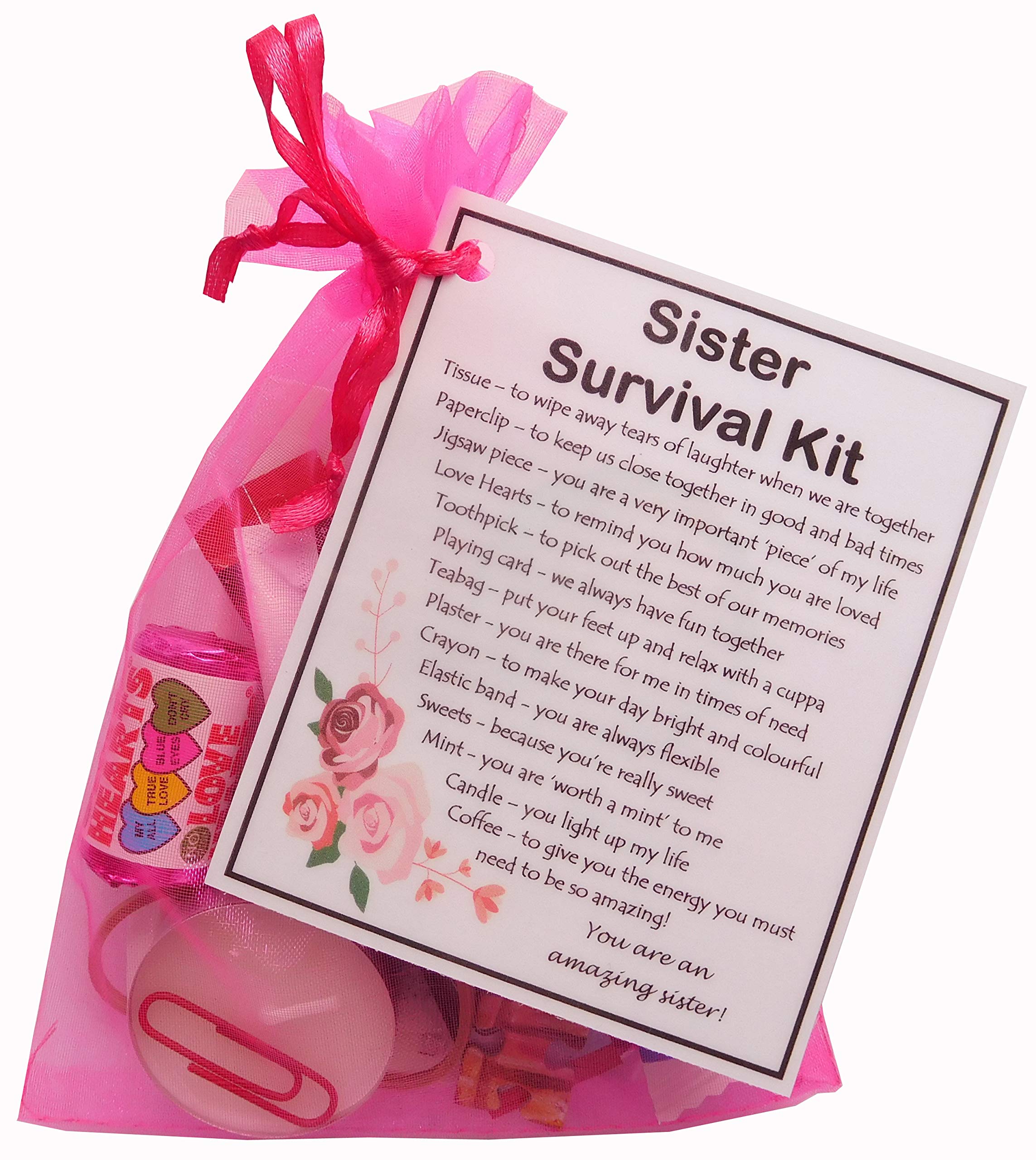 Sister Survival Kit in Pink Organza bag filled with items with sentimental meanings. Sister Gift for Sister.