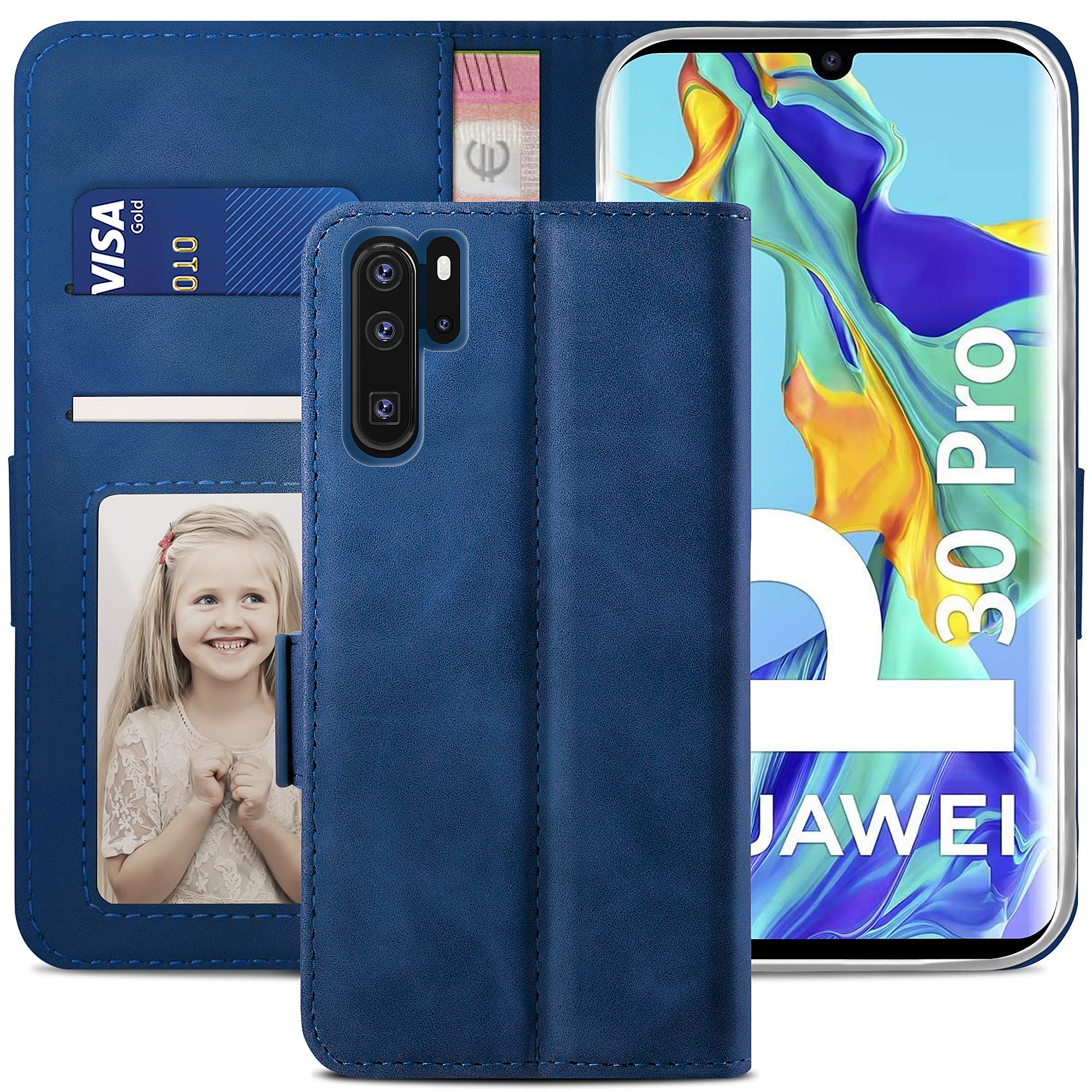 YATWIN Compatible with Huawei P30 Pro Case, Flip Wallet Leather Case with Card Slot and Shockproof Function Kickstand Phone Cases Cover for Huawei P30 Pro - Blue — image 1