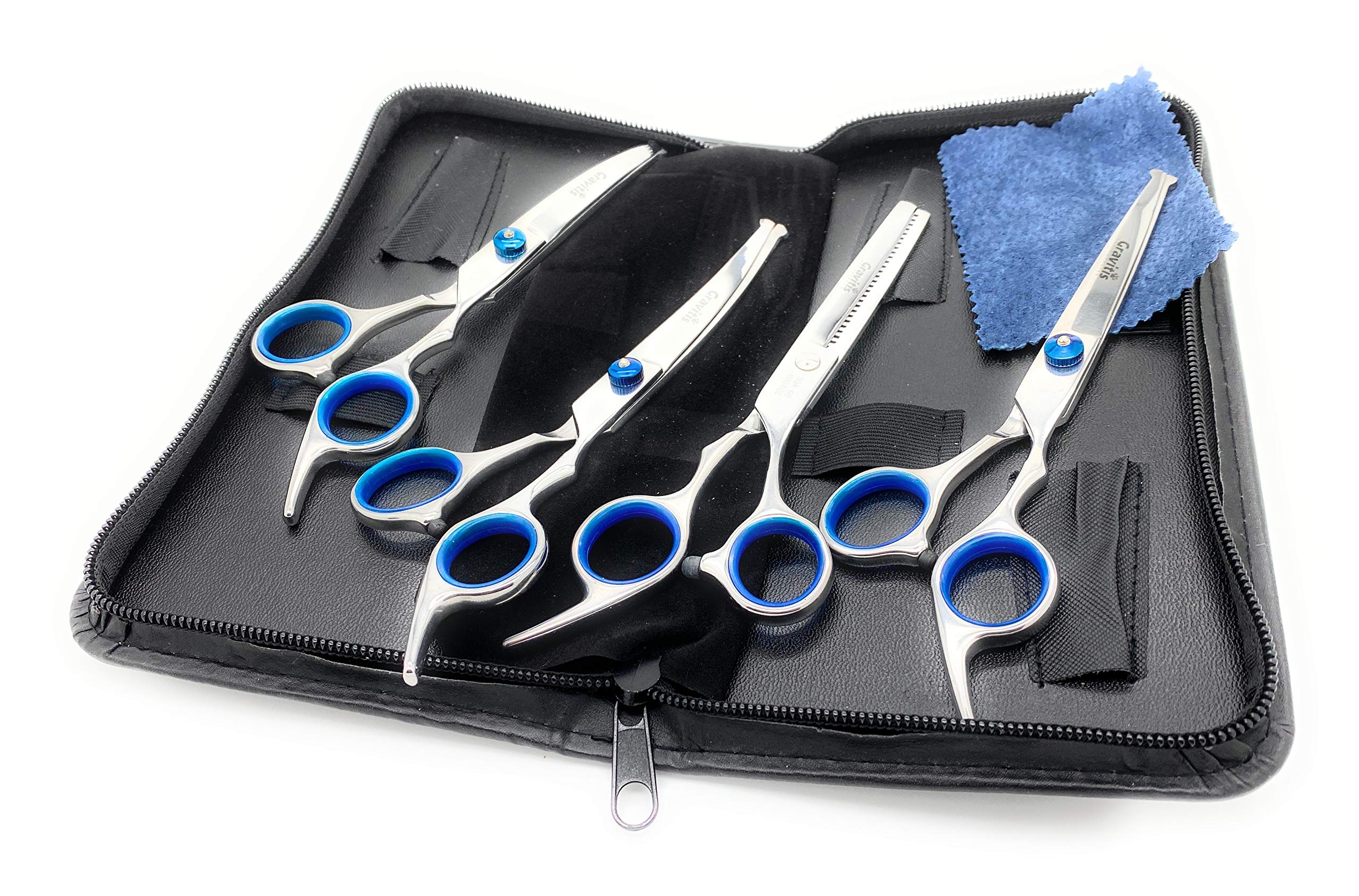 Gravitis Pet Supplies Professional Dog Grooming Scissors Five Piece Set with Case - 5 Pack: 2 x Curved Dog Trimming Scissors, Thinning Shears (Blending Scissors), Straight Scissors and Comb (Blue)