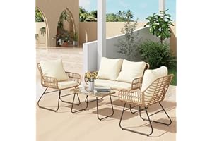 LEX CRAFT 4-Piece Outdoor Patio Furniture Set with Cushions & Tempered Glass Table, All-Weather Rattan Bistro Set with Loveseat Chairs Table Soft Cushions for Garden, Porch, Backyard (Beige)