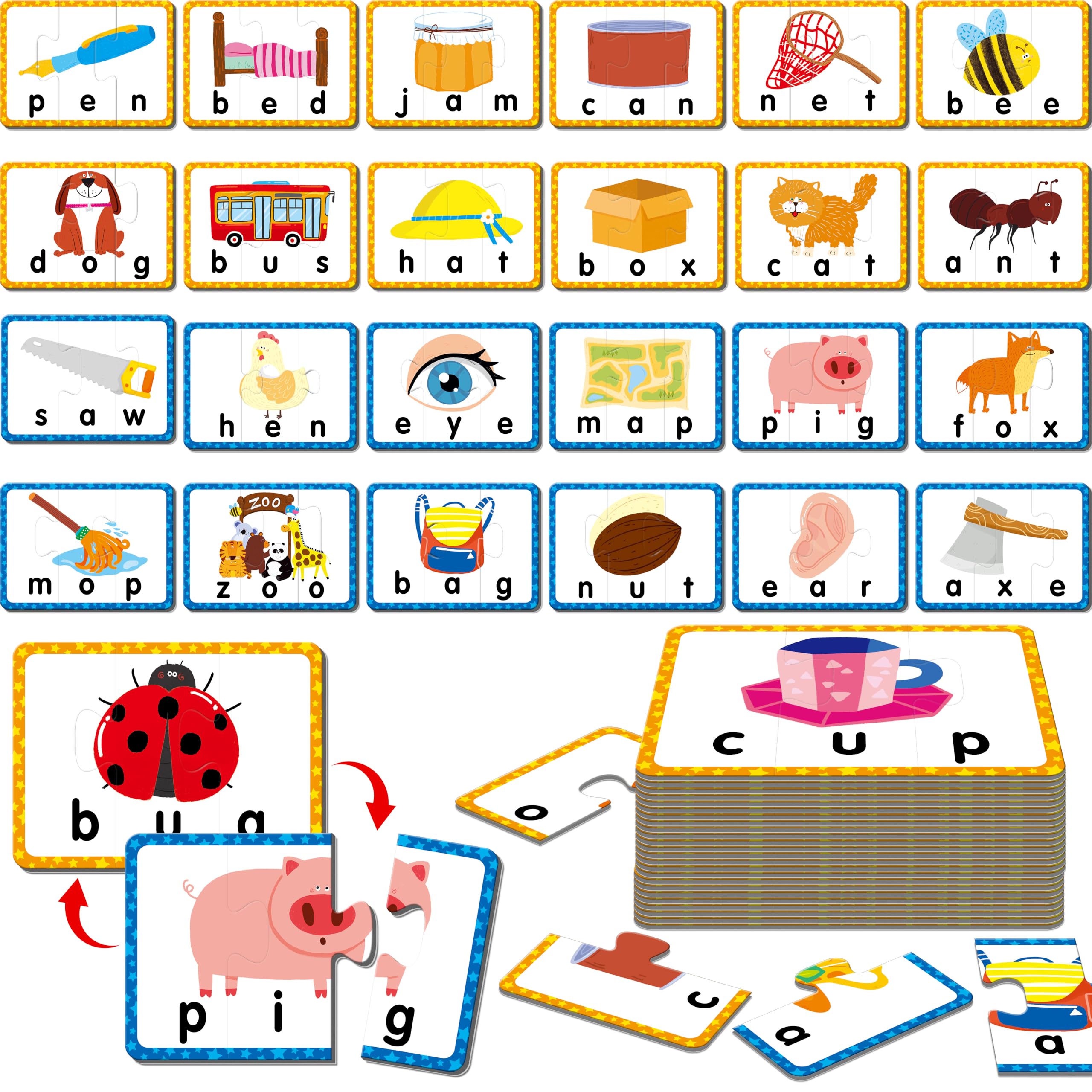 Photo 1 of 24 Set 3-Letter Word Puzzle Cards, 72 PCS Self Correcting Word Spelling Puzzles, Double Sided Puzzle Cards for Kindergarten Preschool Learning