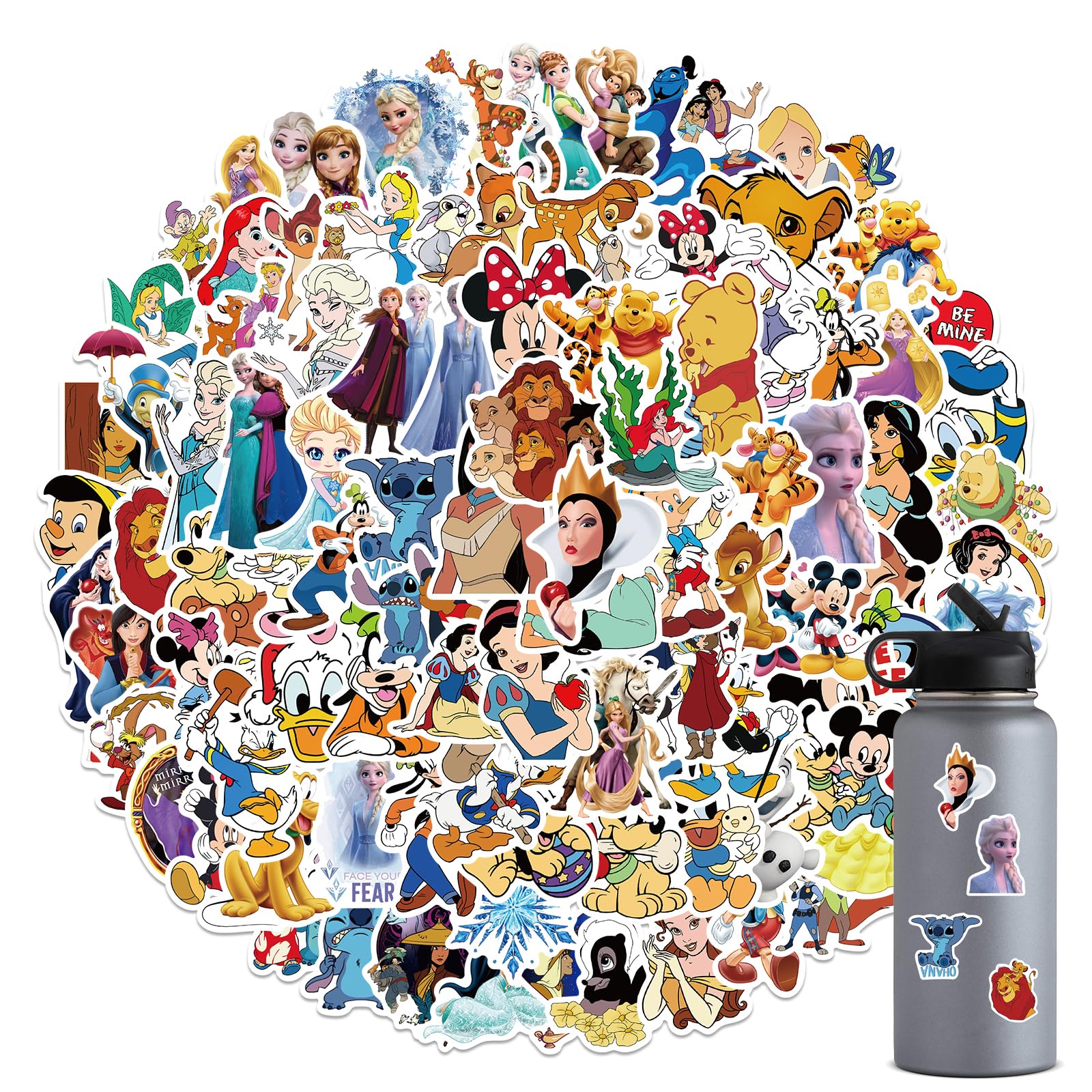 100 Disney Cartoon Stickers for Kids, Cute Princess Stickers for Girl Teen Adult Water Bottle, Skateboard, Phone, Laptop, Bicycle, Travel Case, Helmet, Guitar