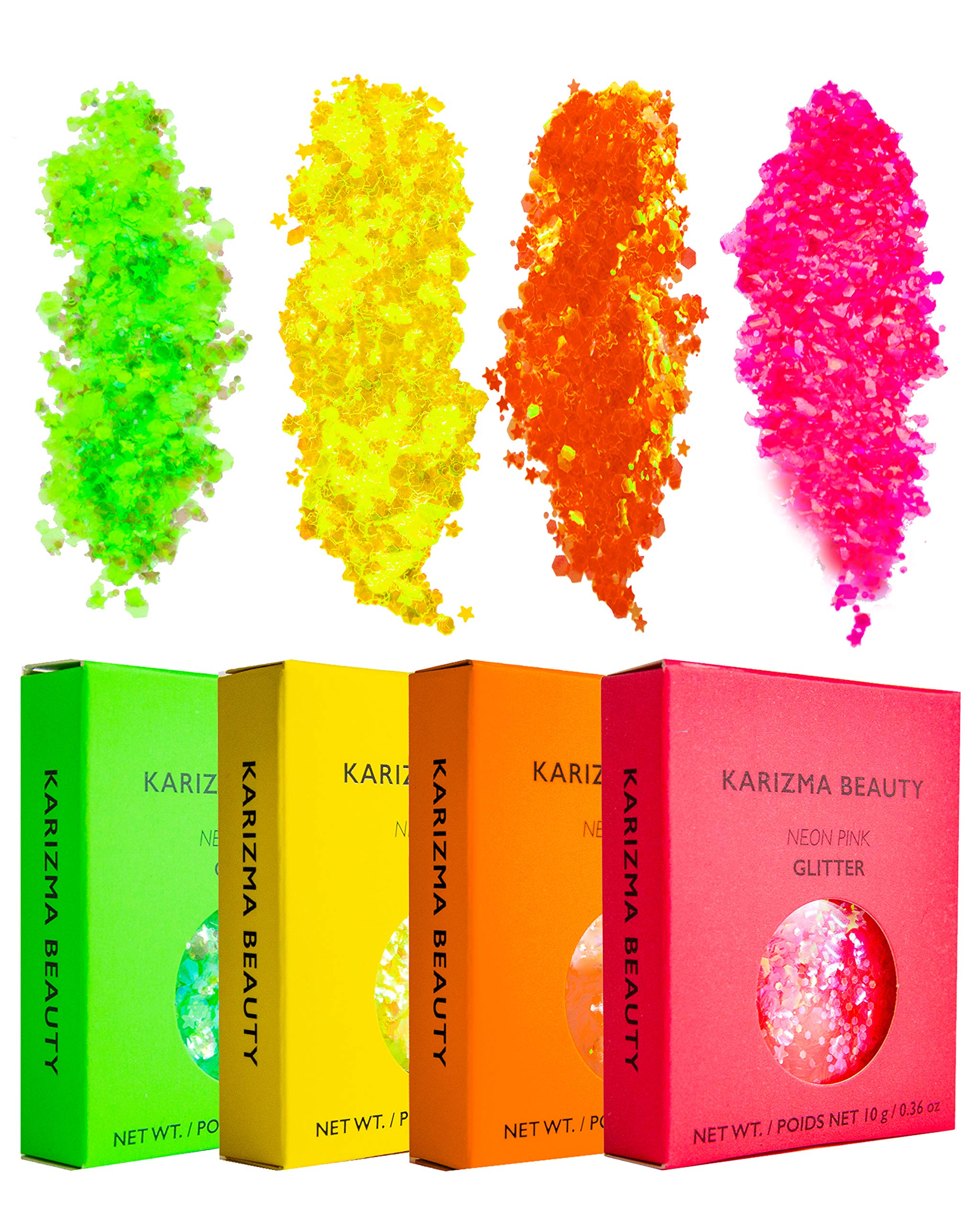 KARIZMA Neon Nights! 4X 10g Chunky Face, Hair, Eye and Body Glitter for Women and Men. Rave, Festival Accessories and Cosmetic Makeup. Loose Glitter Pots
