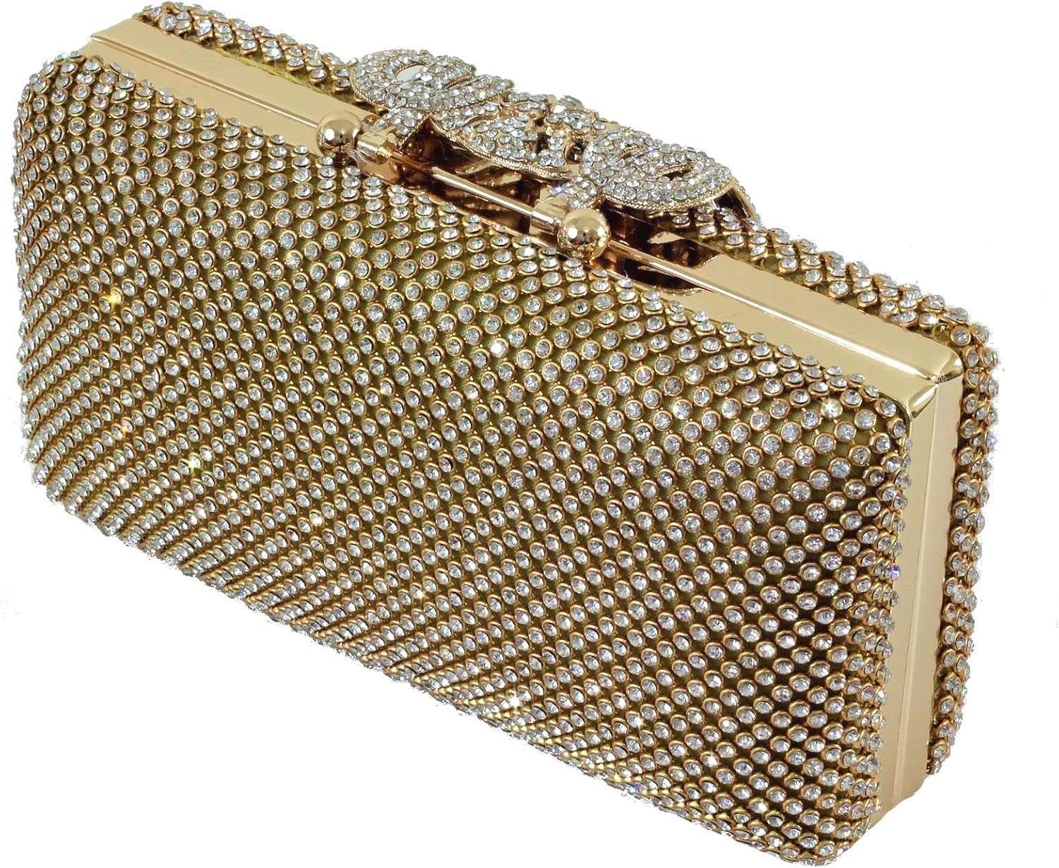Eleoption Dazzling Crystal Gold Diamante Encrusted Evening Bag Clutch Purse Party Bridal Prom, XS - Image 3