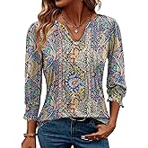 AKEWEI Blouses for Women Dressy Casual 3/4 Length Sleeve Spring Tops for Women V Neck Pleated T Shirts