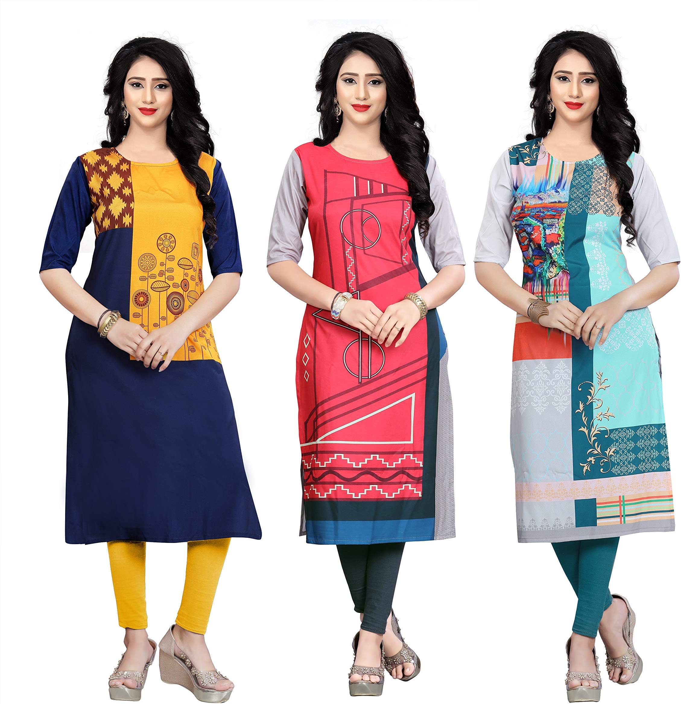 Navlik Women's Crepe Straight Stitched Kurta (Pack of 3) (Multicolored)