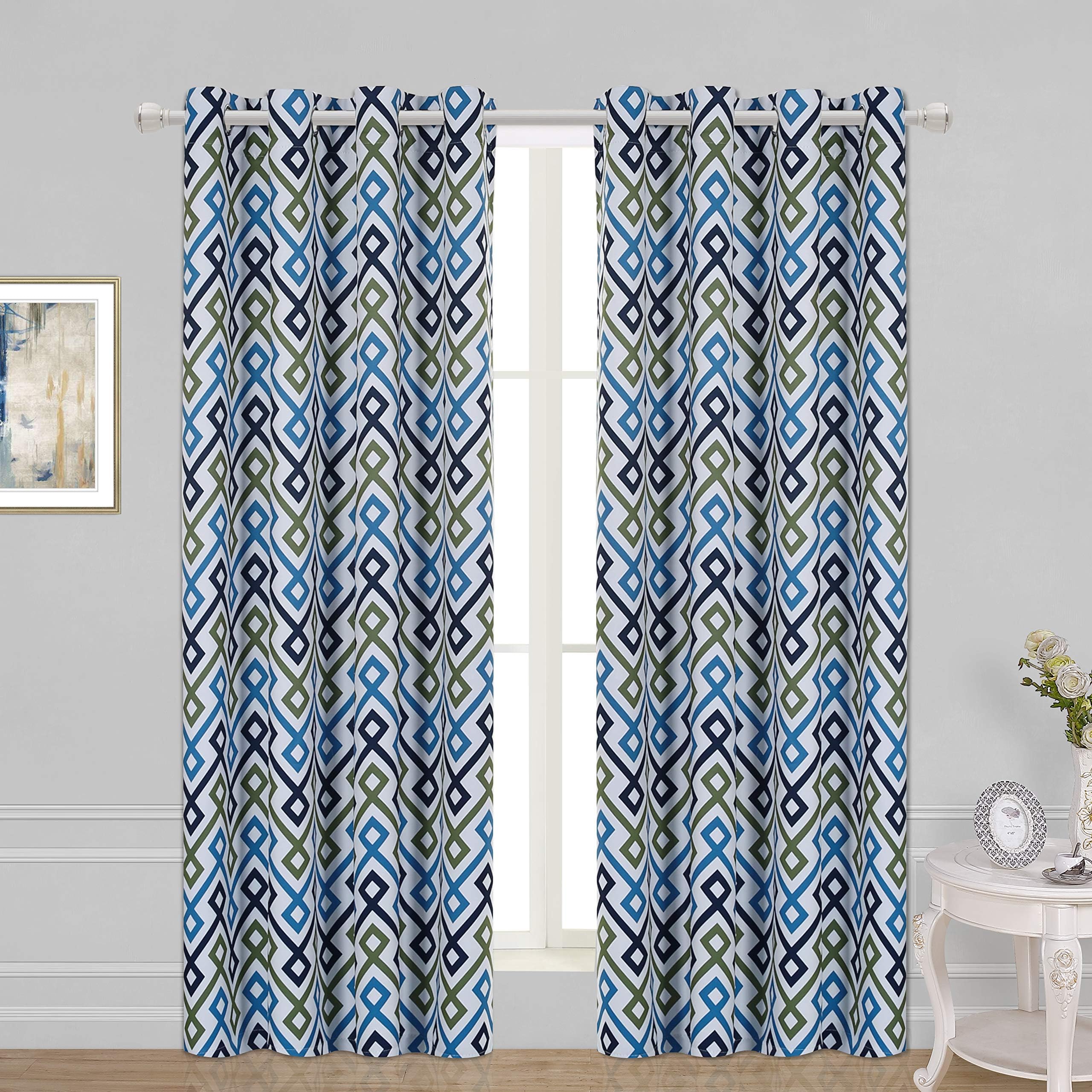 WONTEX Geometric Trellis Printed Thermal Insulated Blackout Curtains, Grommet Room Darkening Curtains for Living Room and Bedroom, Set of 2 Curtain Panels, 52 x 72 inch, Green|Navy Blue