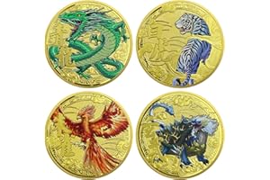 RYUKENLM 4 Pcs Four Mythical Beasts Challenge Coin Ancient Chinese Mythological Creature Lucky Coins Tai Chi Bagua i Ching Coins