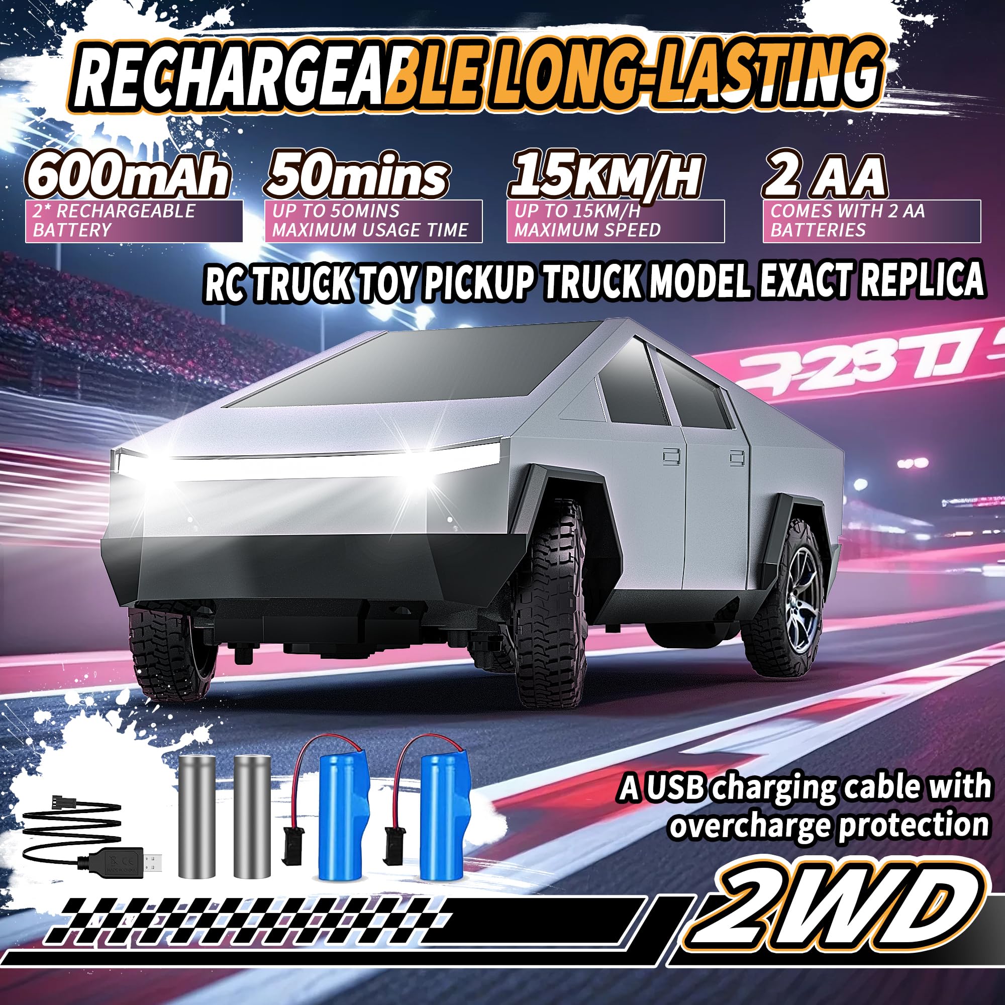 RC Car Toys，All Terrain 2.4GHz RC Truck for Boys Aged 3-8, 8-12, Electric Vehicle Truck Toys for Kids, Birthday Gifts for Kids, Boys and Girls (Silver)