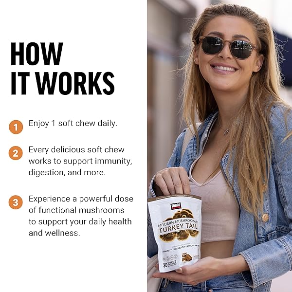 FORCE FACTOR MODERN MUSHROOMS SOFT CHEWS, TURKEY TAIL MUSHROOM SUPPLEMENT TO SUPPORT IMMUNITY, DIGESTIVE HEALTH, AND VITALITY, ANTIOXIDANTS SUPPLEMENT, DELICIOUS S’MORES FLAVOR, 30 SOFT CHEWS