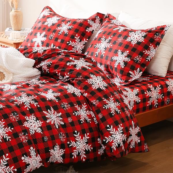 JSD RED BUFFALO PLAID SNOWFLAKES CHRISTMAS WINTER DUVET COVER SET QUEEN SIZE
