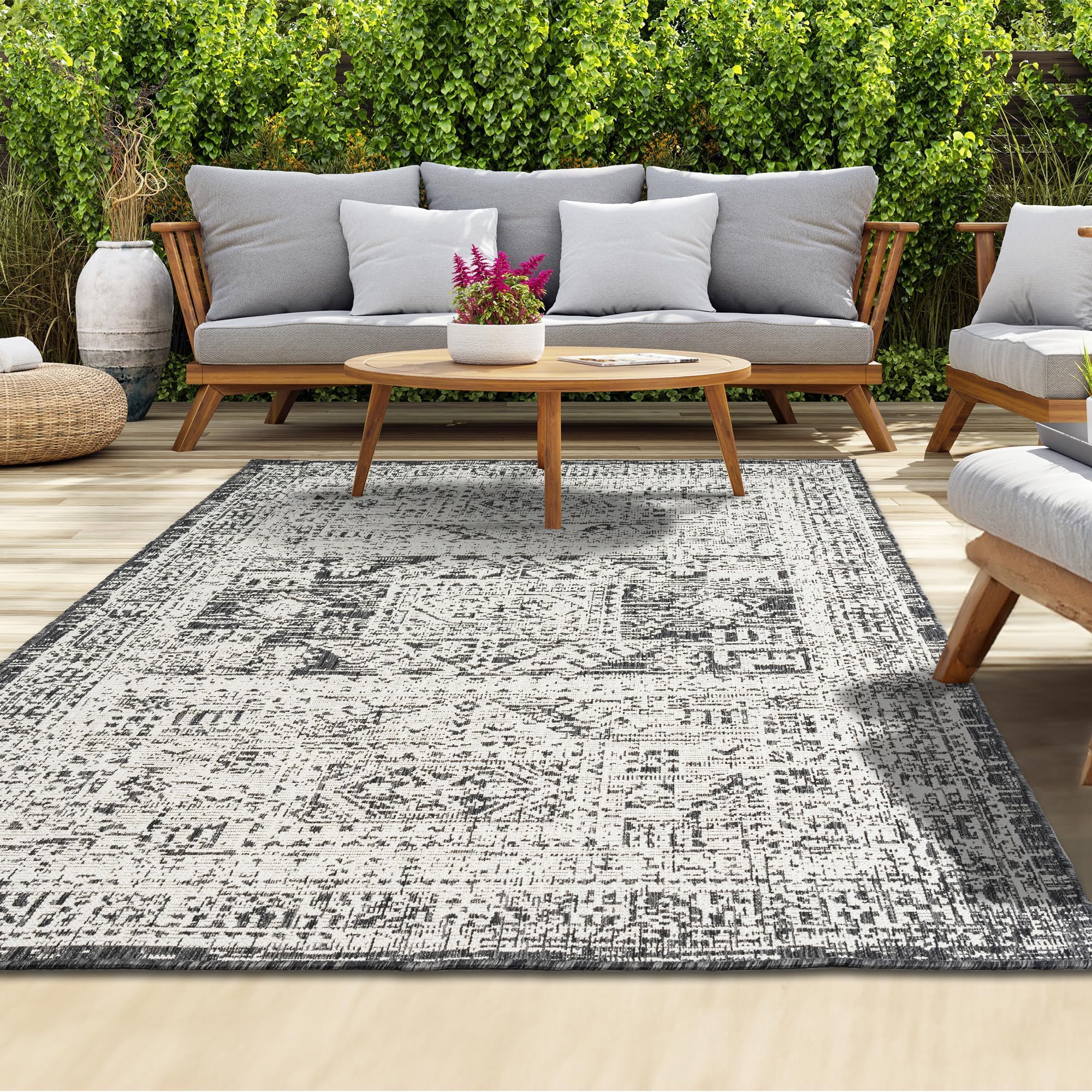 homeart Outdoor Rug - Easy-Clean, Durable, Stain-Resistant, Weather & UV Resistant Indoor & Outdoor Rugs for Porch, Deck, Balcony, Garden, Picnic and Patio | Vintage Black, Cream - 120x170cm